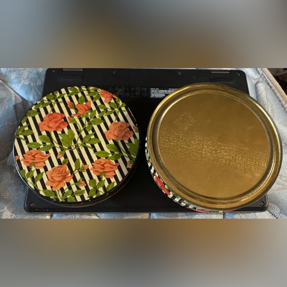 Mid Century Vtg Floral Striped Metal Lidded Candy Biscuit Tin - Picture 7 of 16